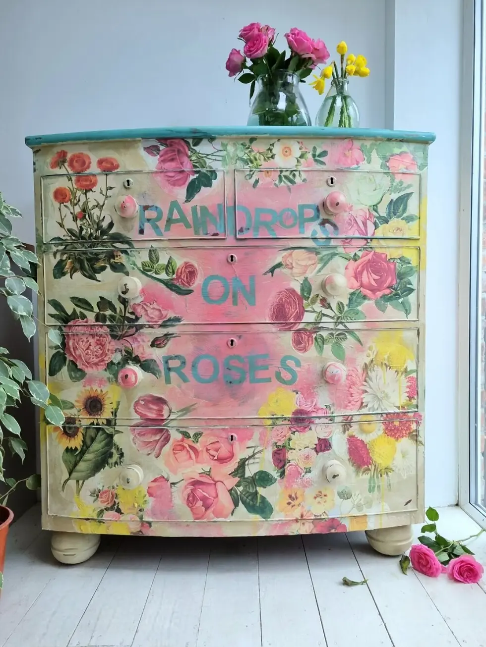 'Raindrops on Roses' Painted Floral Chest of Drawers