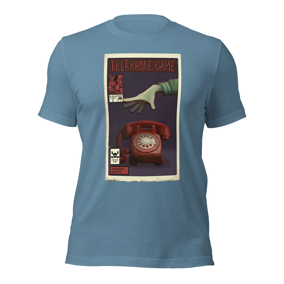 Thumbnail: Unisex t-shirt with book cover of Telephone Game by Shawnee Morris