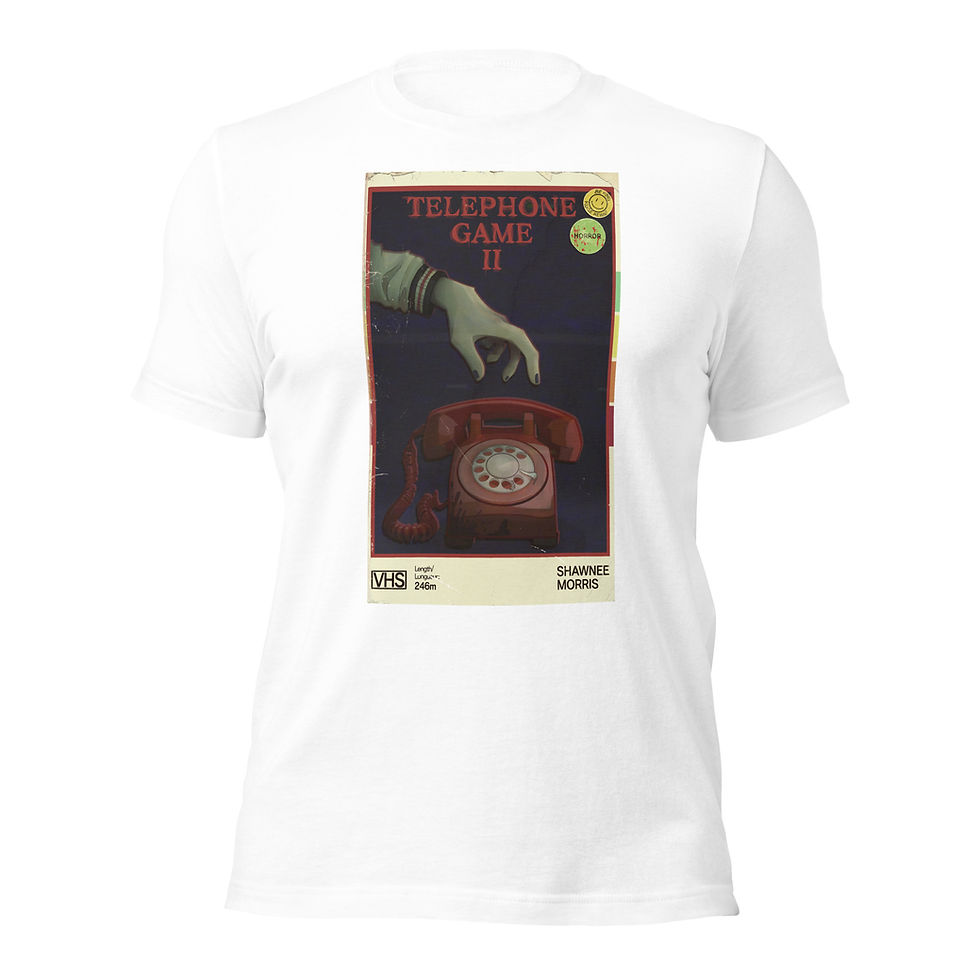 Thumbnail: Unisex t-shirt with Telephone Game II book cover designed by Shawnee Morris