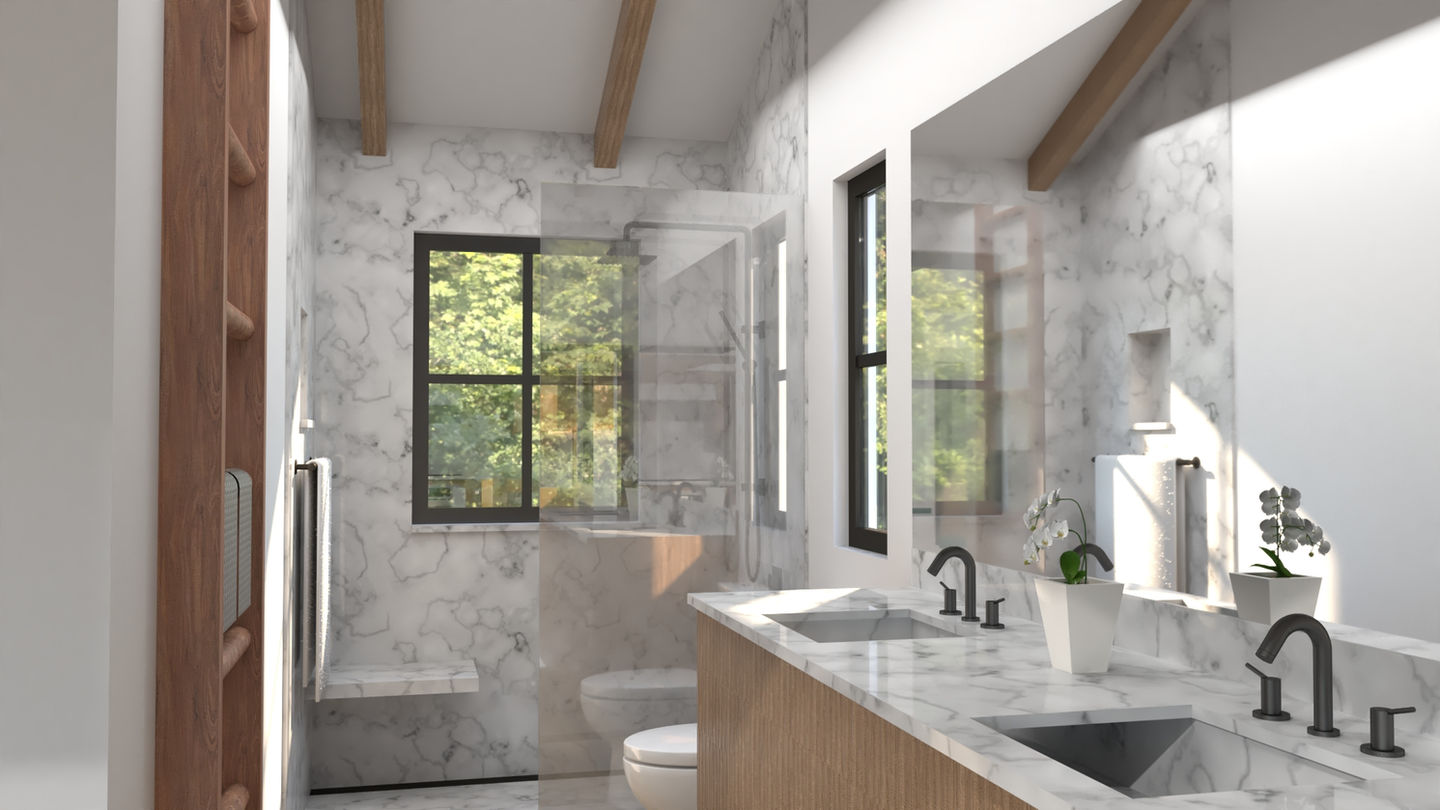 Inside one of the luxurious spa bathrooms of the HAUS+ Model 1200 prefab 2 bed home, with double vanity and quartz counter