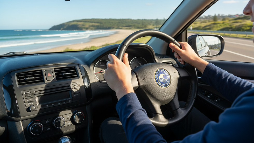 Close-up view of a learner driver’s hands on the steering wheel during a lesson