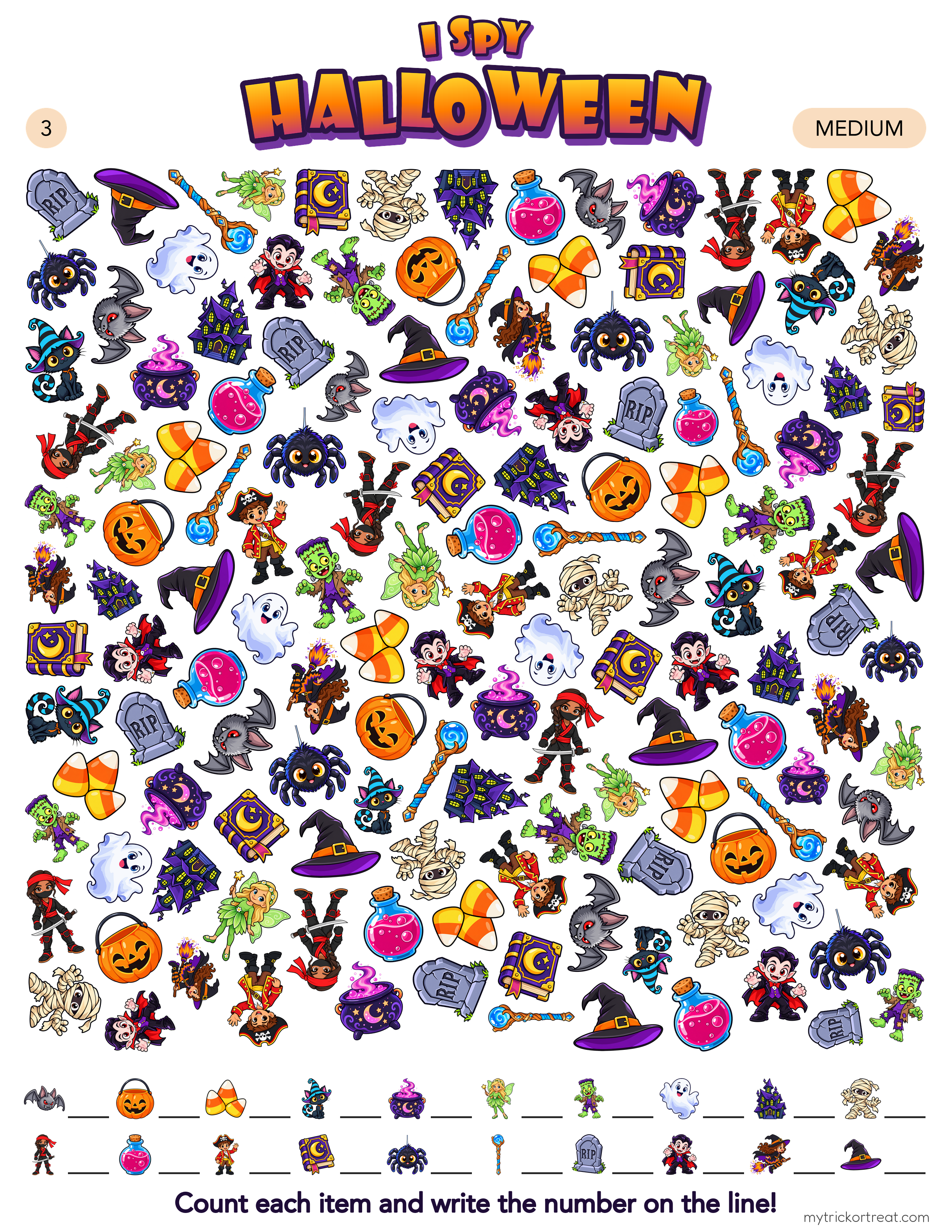 I Spy Halloween seek-and-find page with vampires, witches, ghosts and mummies