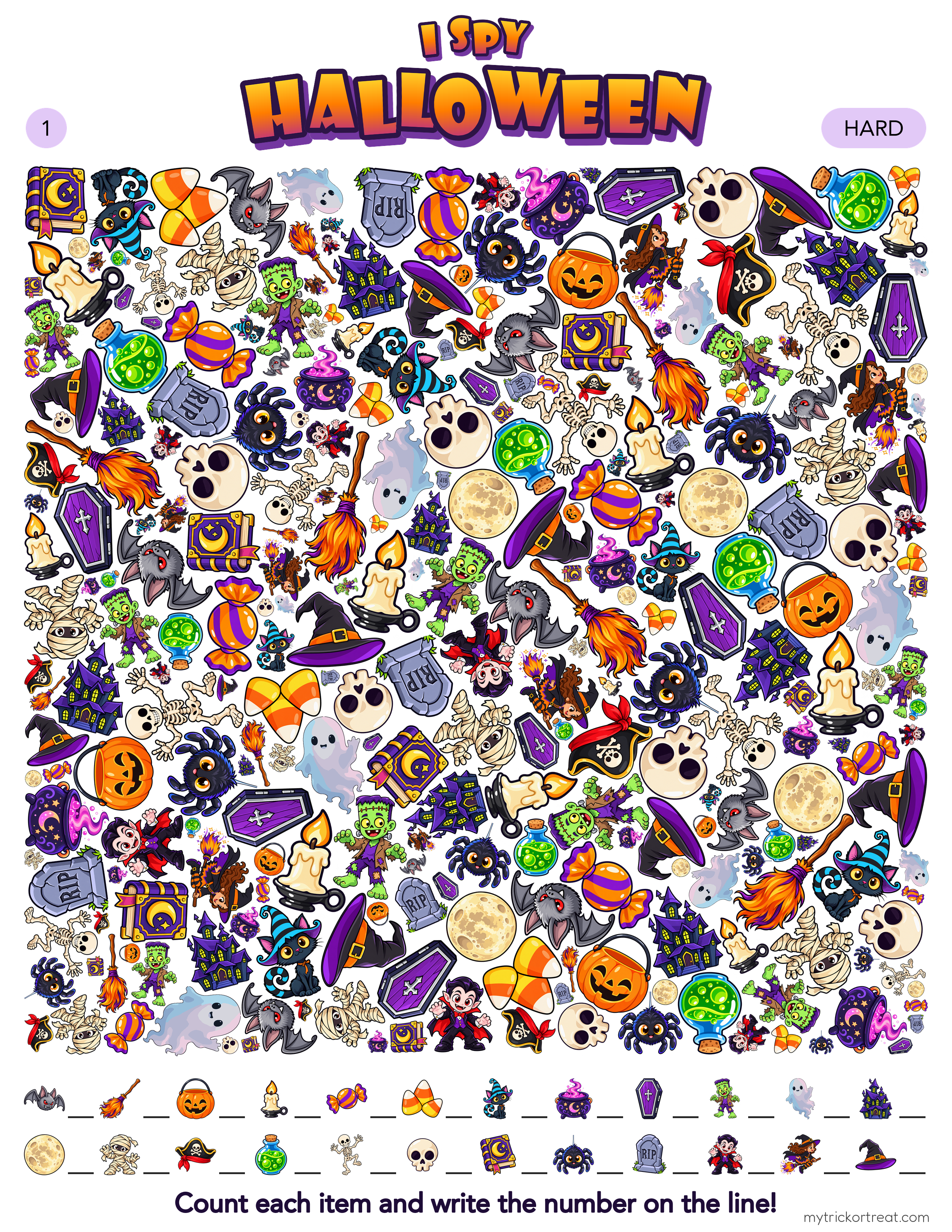 I Spy Halloween seek-and-find page with bats, witches, vampires, mummies, ghosts and candy