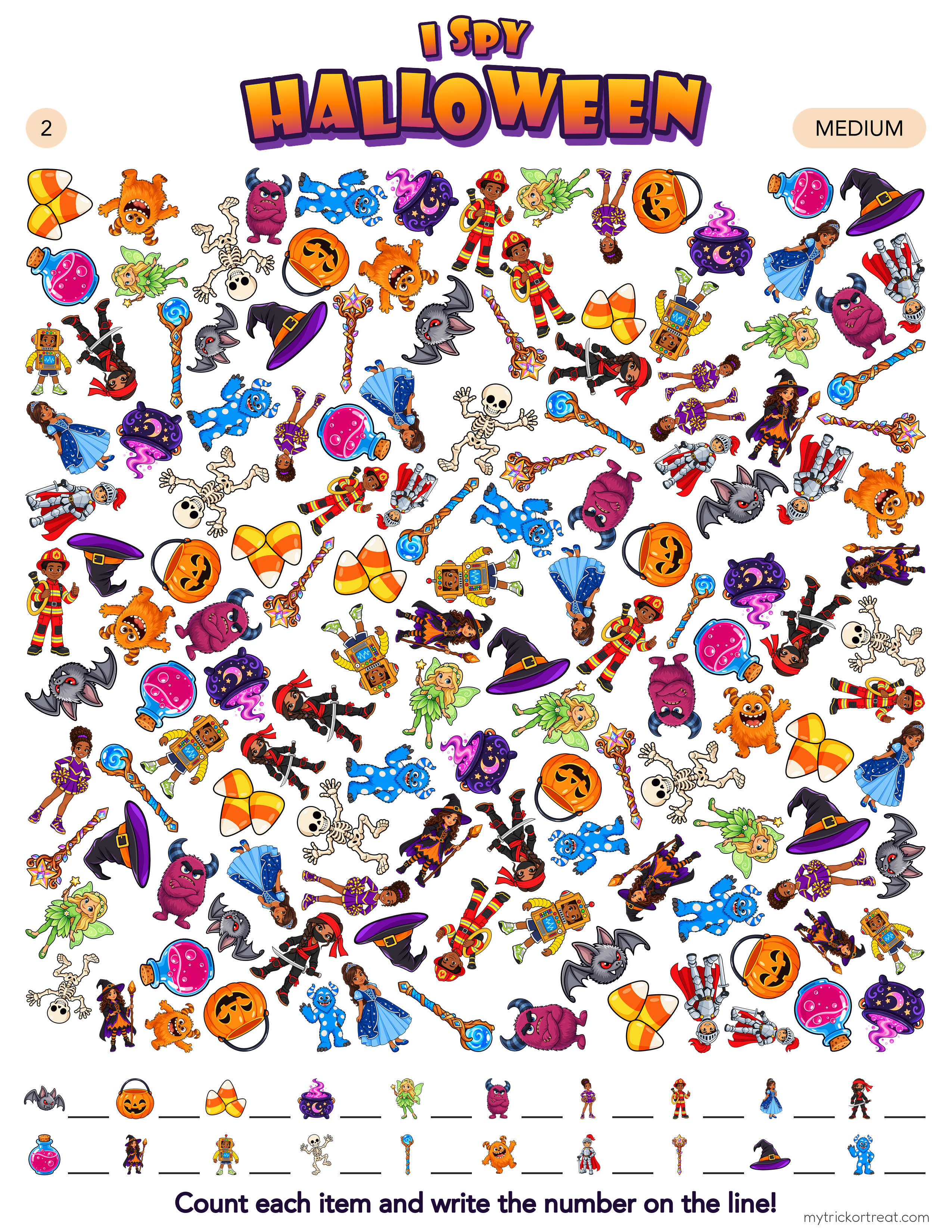 I Spy Halloween seek-and-find page with costumed kids, knights, fairies and monsters