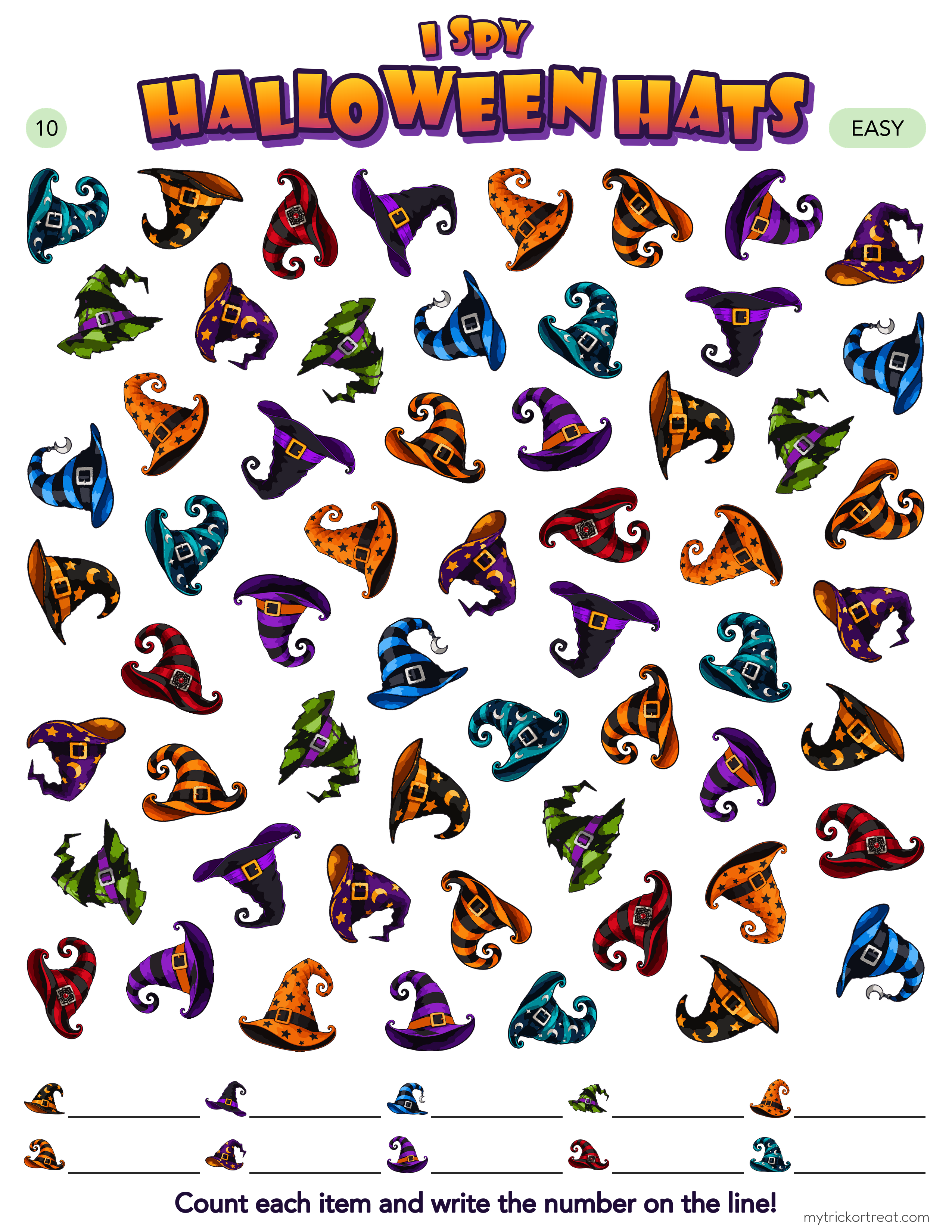 I Spy Halloween Hats seek-and-find page covered in colorful witch hats
