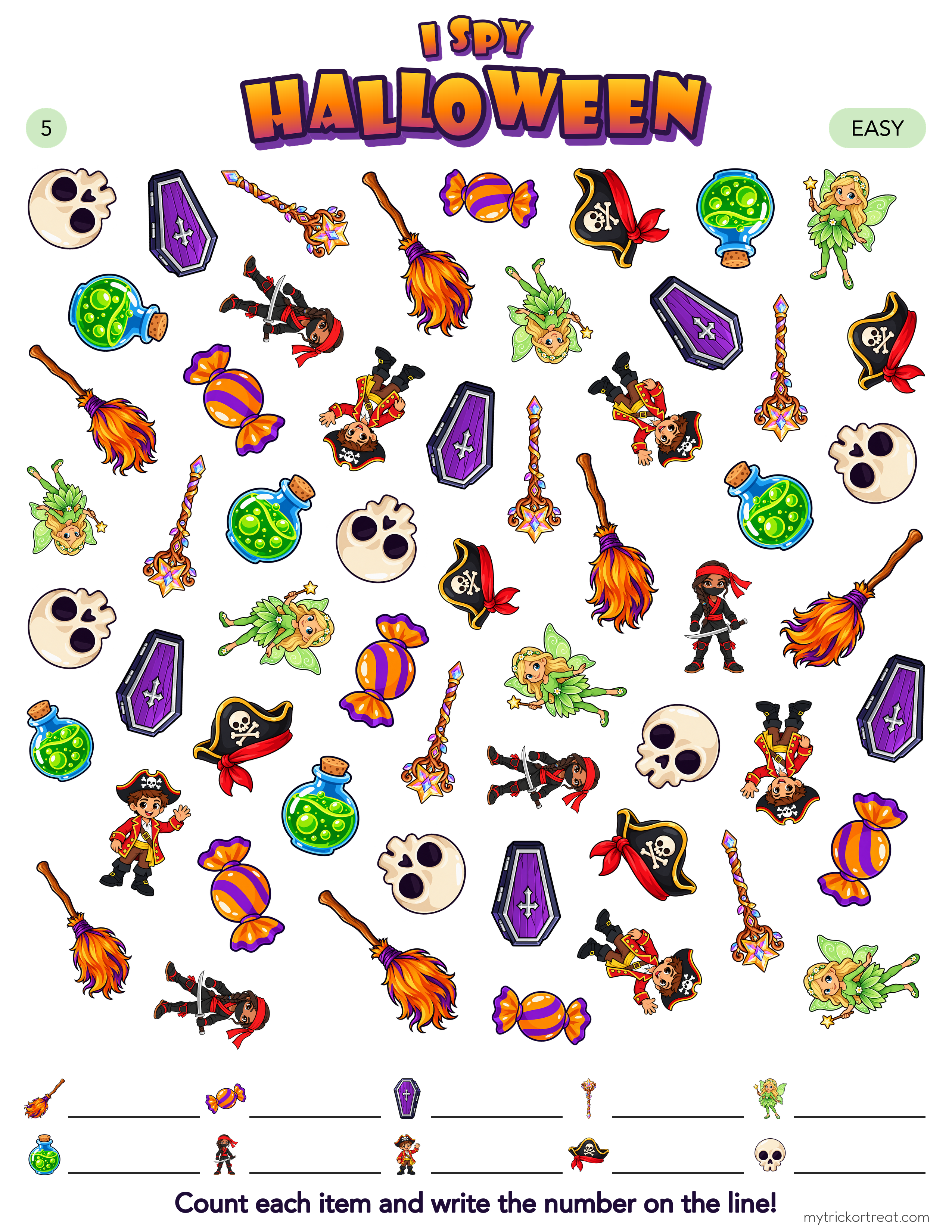 I Spy Halloween seek-and-find page with pirates, fairies and ninjas