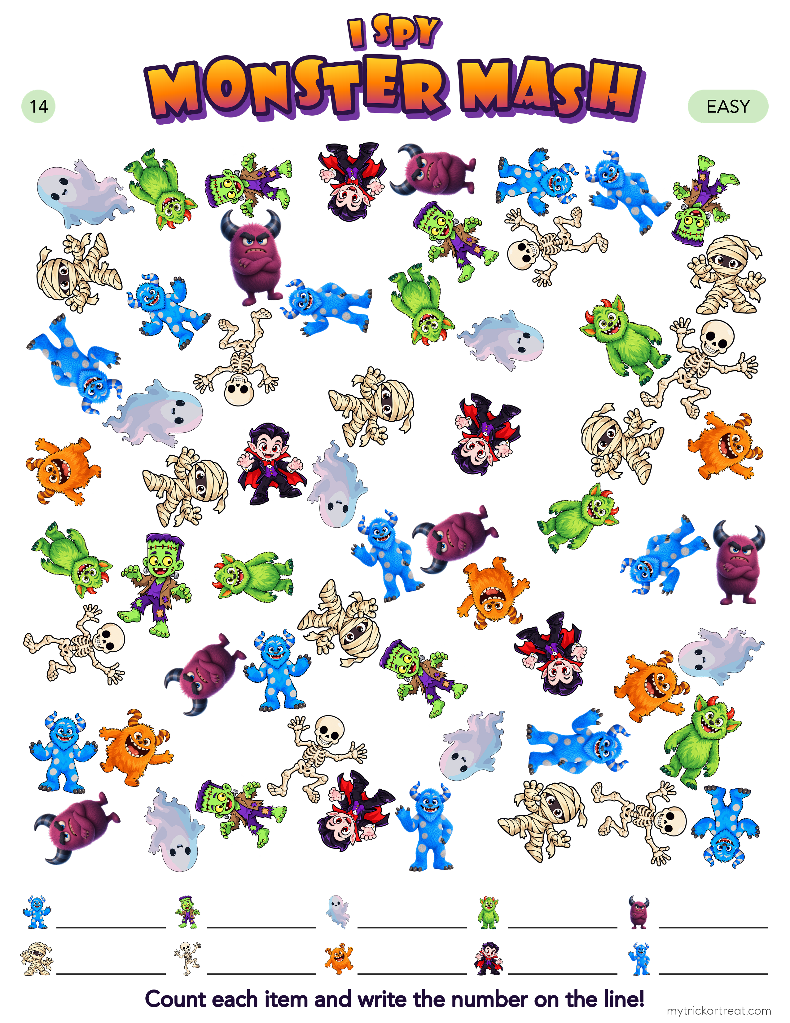 I Spy Monster Mash seek-and-find page with friendly monsters and ghosts