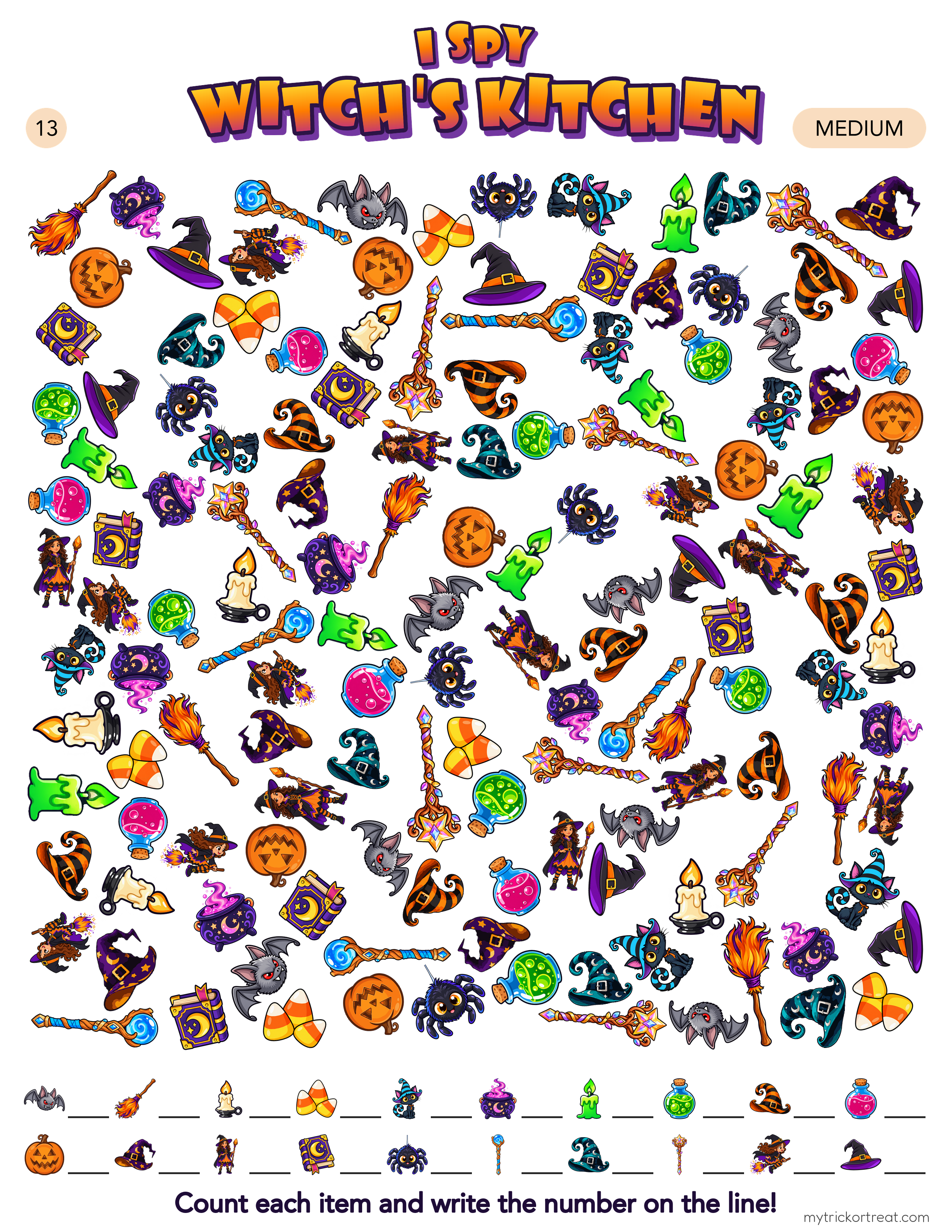 I Spy Witch's Kitchen seek-and-find page with cauldrons, potions and spellbooks