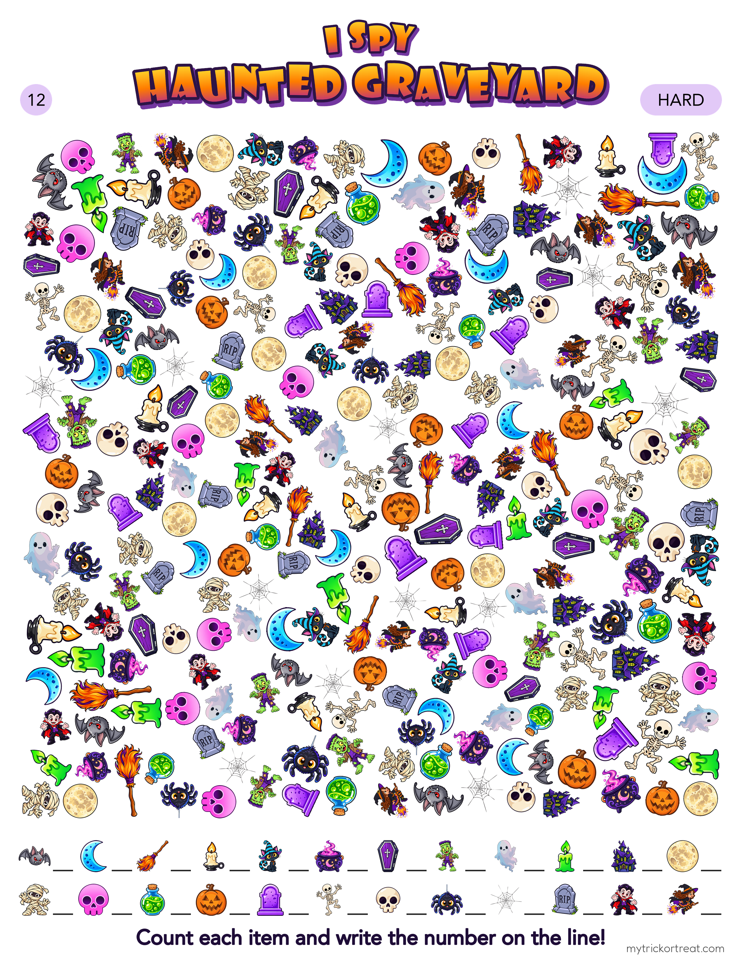 I Spy Haunted Graveyard seek-and-find page with gravestones, skeletons and ghosts