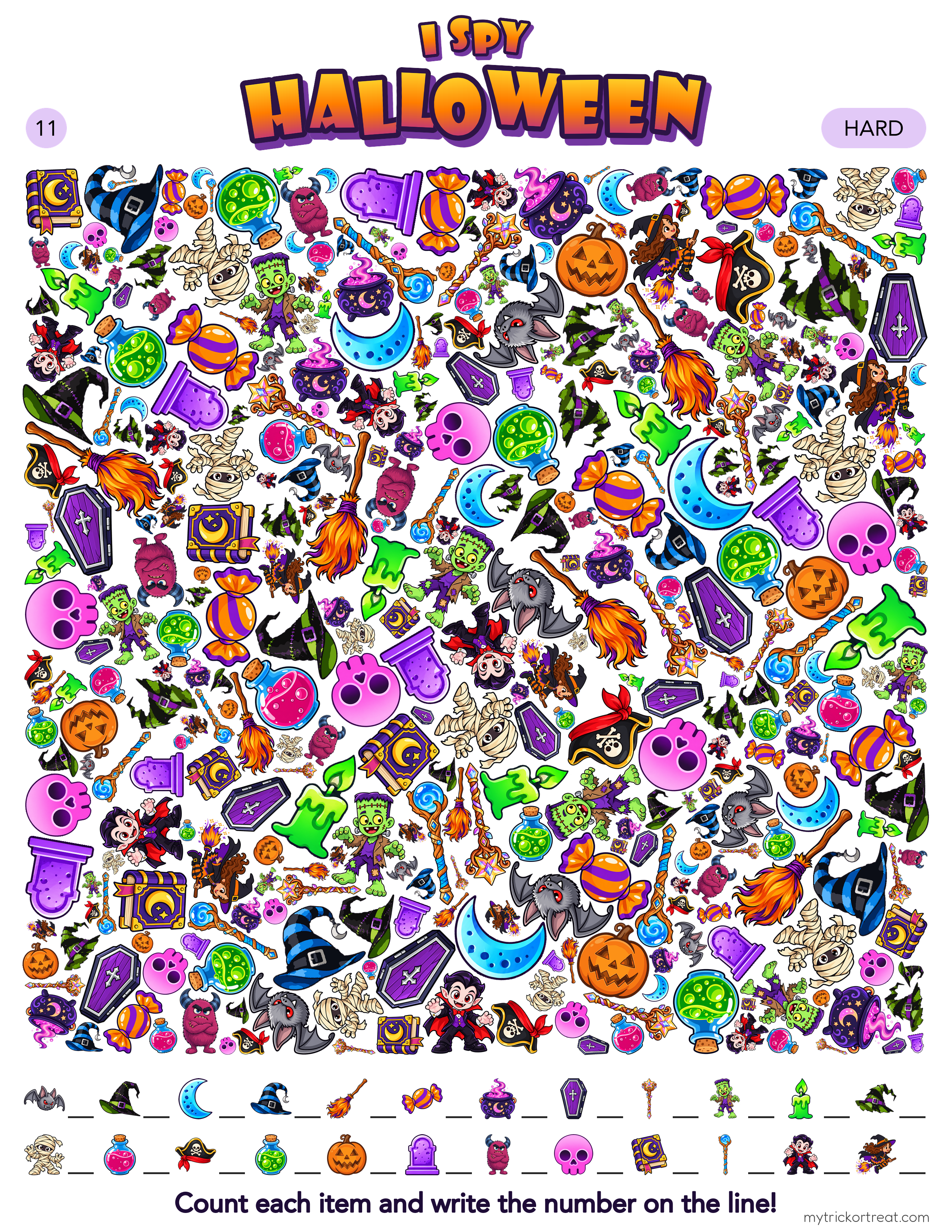 I Spy Halloween seek-and-find page in bright neon pink and green colors