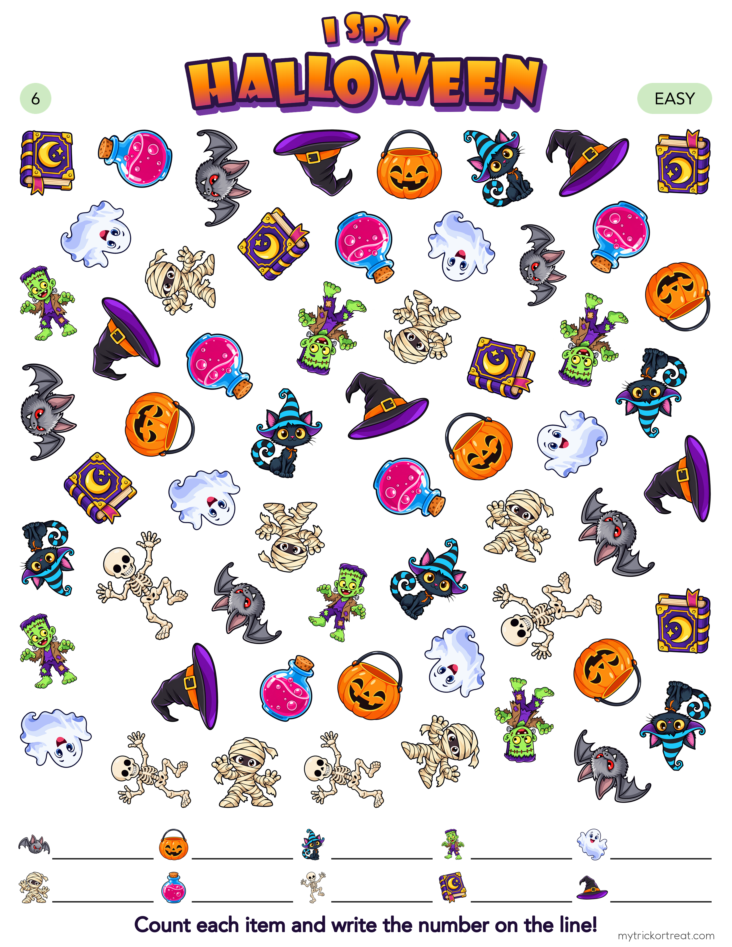 I Spy Halloween seek-and-find page with spellbooks, ghosts and witch hats
