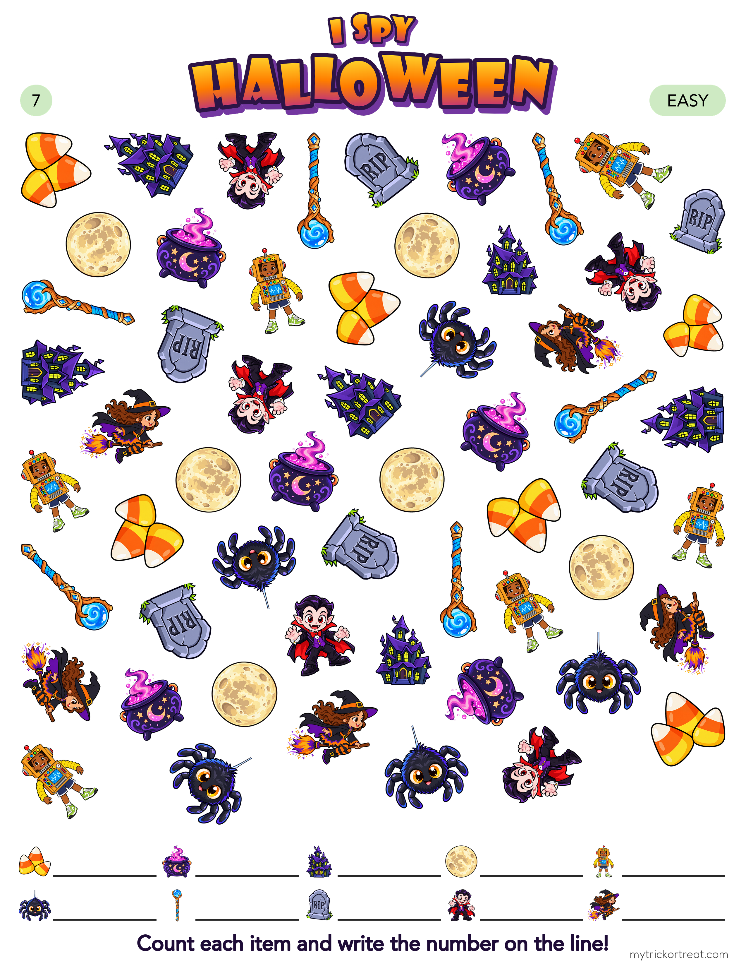 I Spy Halloween seek-and-find page with haunted houses, full moons and witches