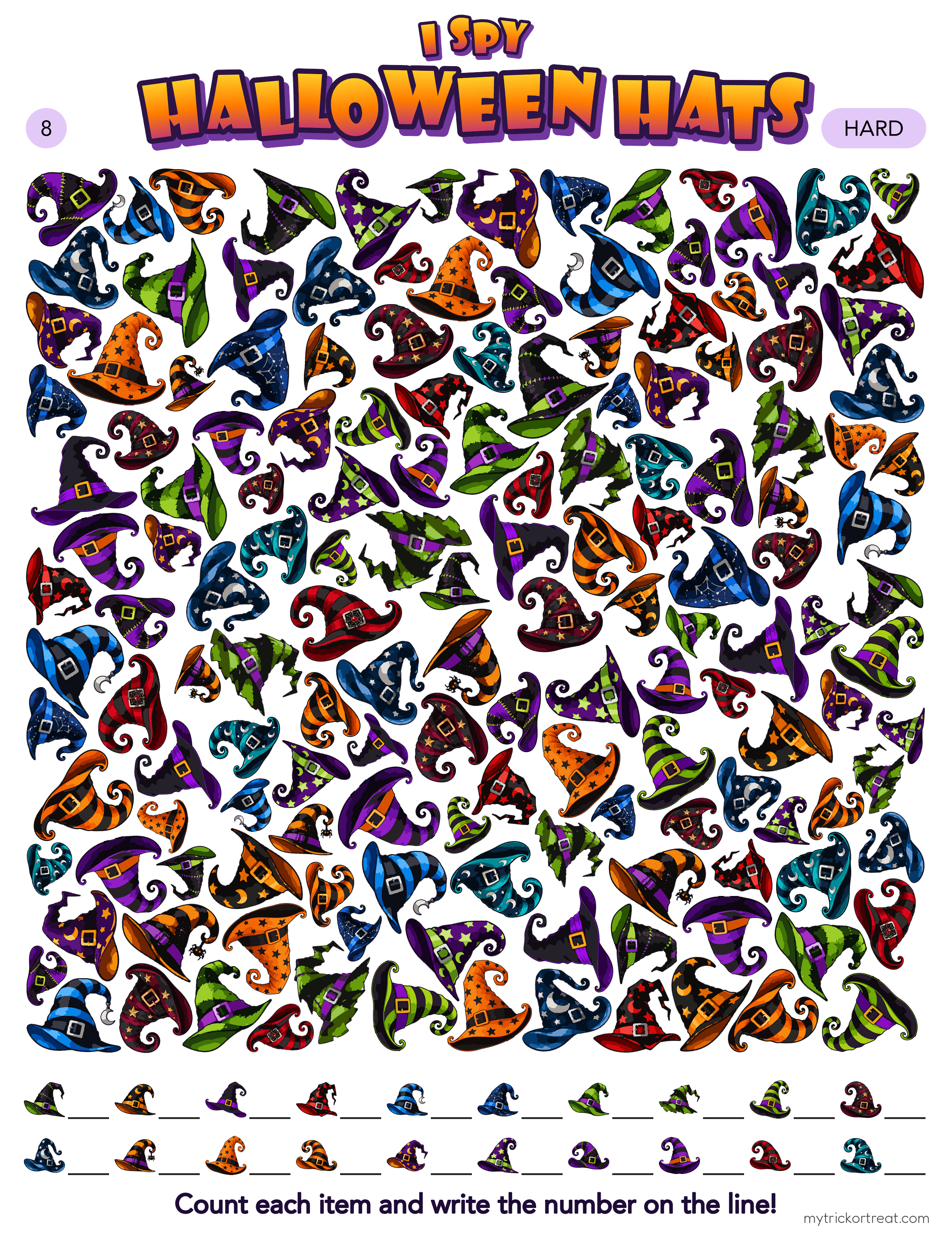 I Spy Halloween Hats seek-and-find page covered in colorful witch hats
