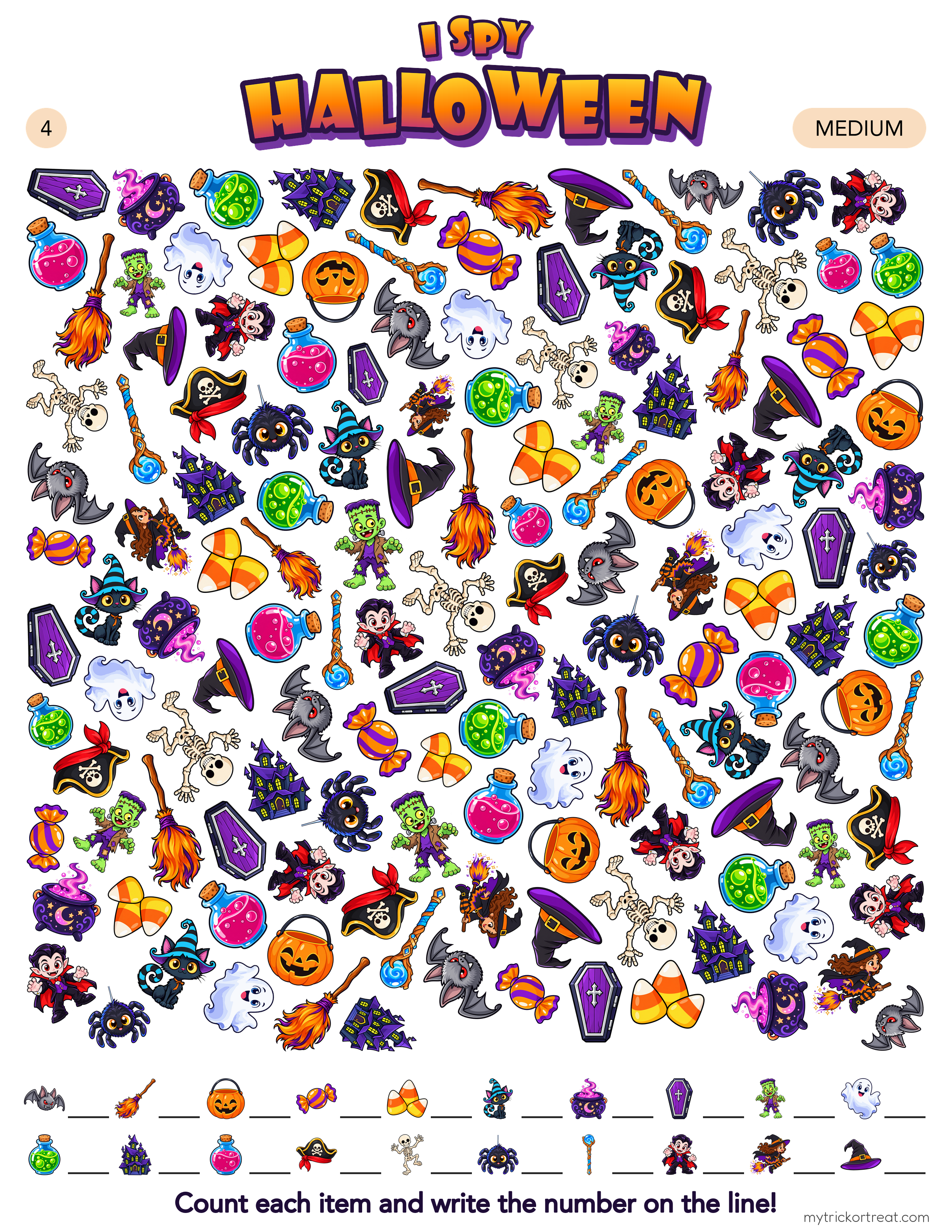 I Spy Halloween seek-and-find page with witches, vampires, black cats and skeletons