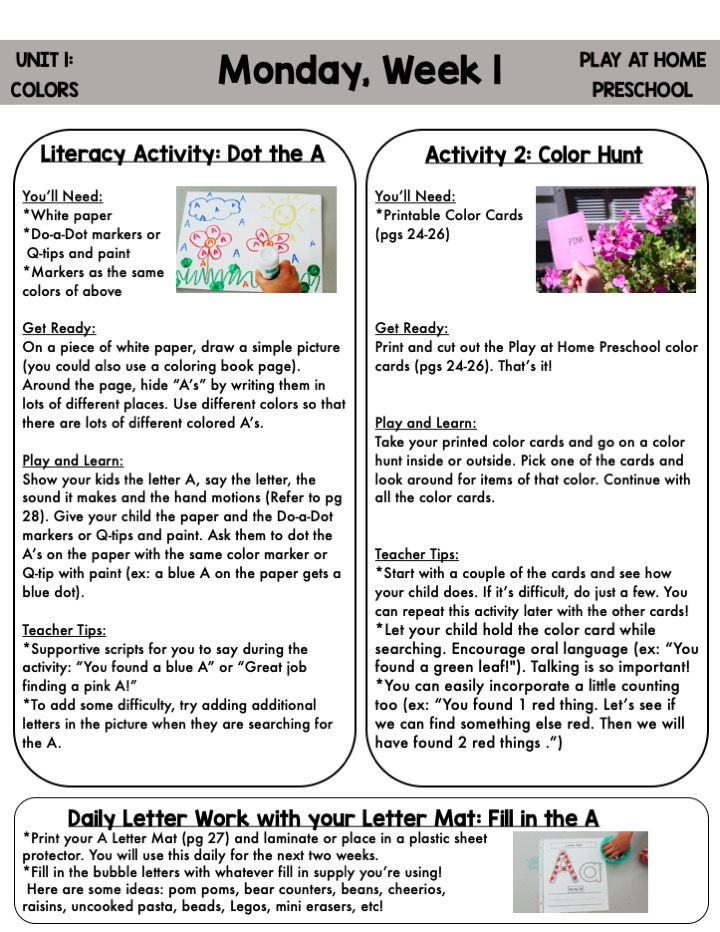 Play at Home Preschool Unit 1