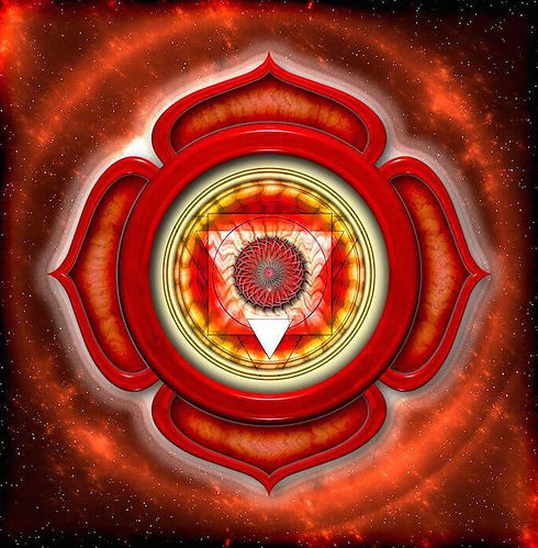 Ilustración del mandala del chakra raíz (Muladhara) en rojo, que representa la conexión a tierra, la seguridad y la estabilidad.