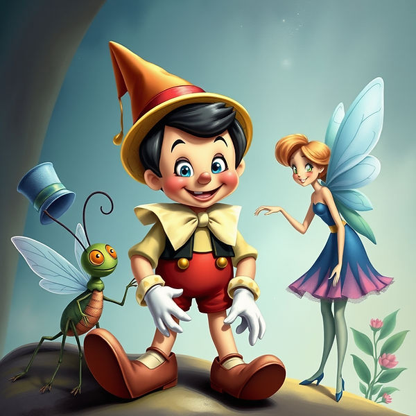 Pinocchio with Gepetto, a Cricket wearing a top hat, and the Blue Fairy.jpg