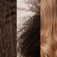 3 images of hair types, first dark and straight, second is kinky curls, third is a flowy blonde