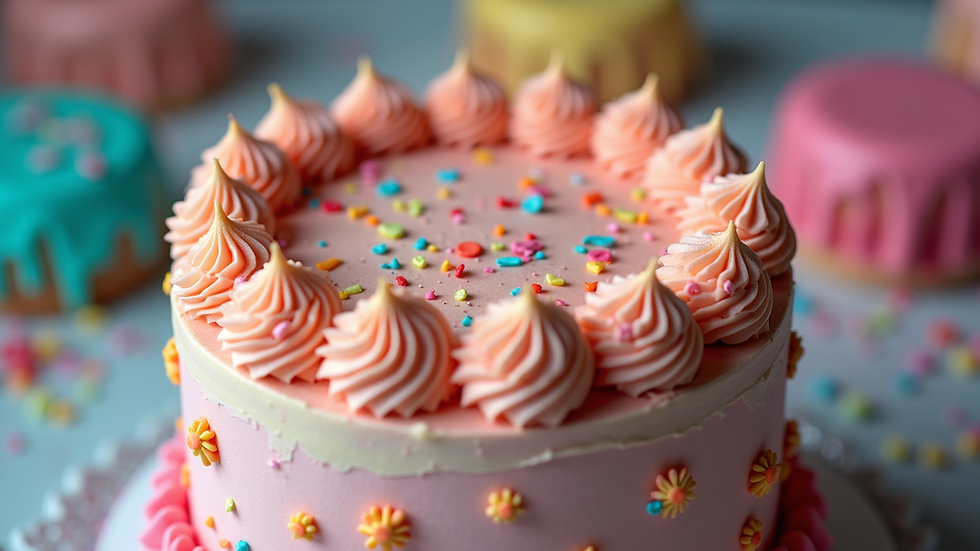 Eye-level view of a colourful bespoke birthday cake with intricate icing details