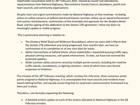 Letter: Improvements to A46 Stratford-Evesham Follow-up