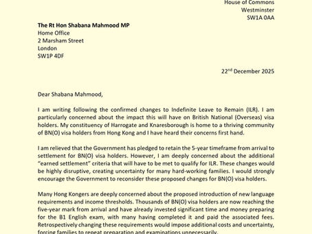 Letter: Indefinite Leave to Remain and British National (Overseas) Visa Holders from Hong Kong