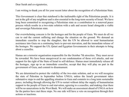 Prime Minister's Response: Cross-Party Support for Recognition of a Palestinian State