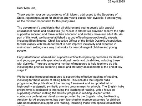 Ministerial Response: Support for Young People with Dyslexia