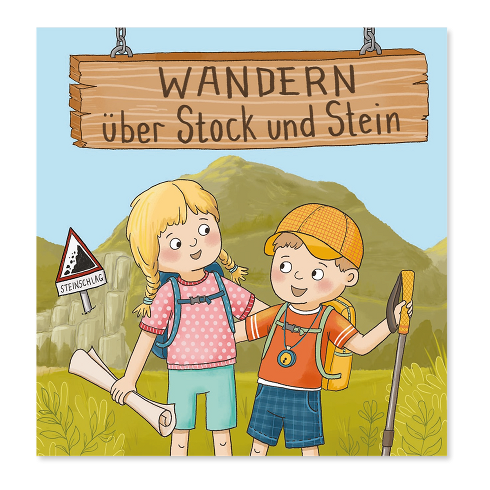 Wandern über Stock und Stein, Ella und Simon beim Wandern Kinder illustration