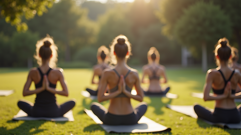 High angle view of a tranquil outdoor yoga class