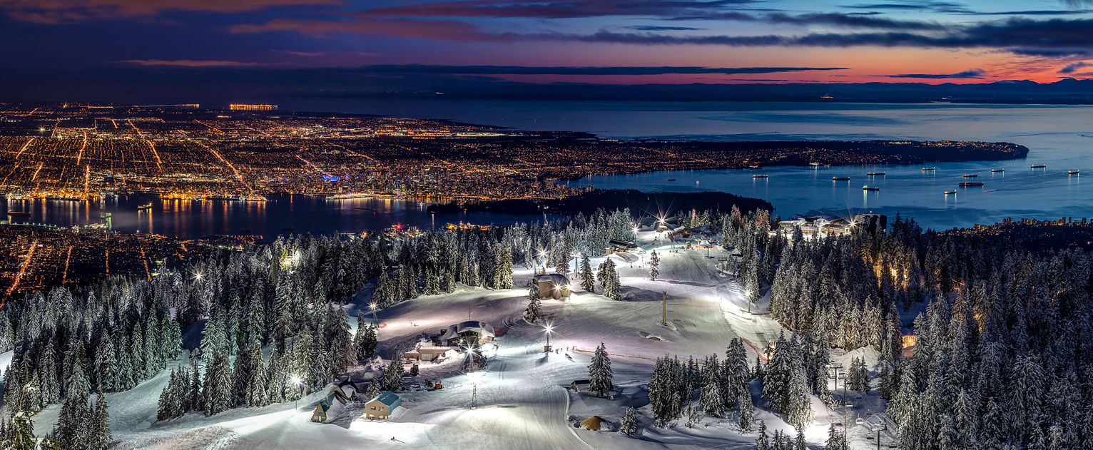 Stunning views of Vancouver City from Grouse Mountain Ski Resort at Dusk, British Columbia