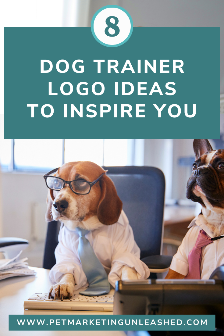 Two dogs in shirts and ties sit at a desk with a keyboard, mimicking office workers. Text: "Dog Trainer Logo Ideas to Inspire You."