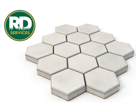 Pavers on a white background flanked by RD Services logo