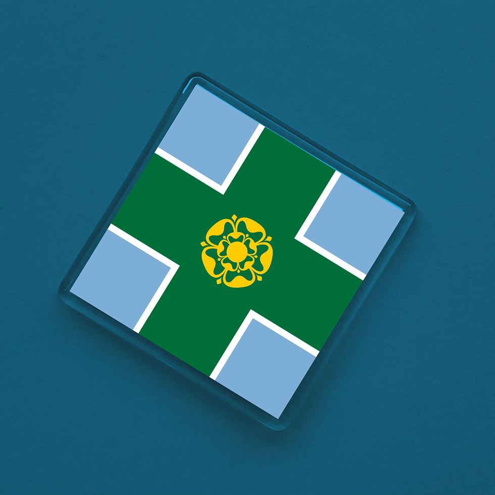 A fridge magnet of the Derbyshire flag