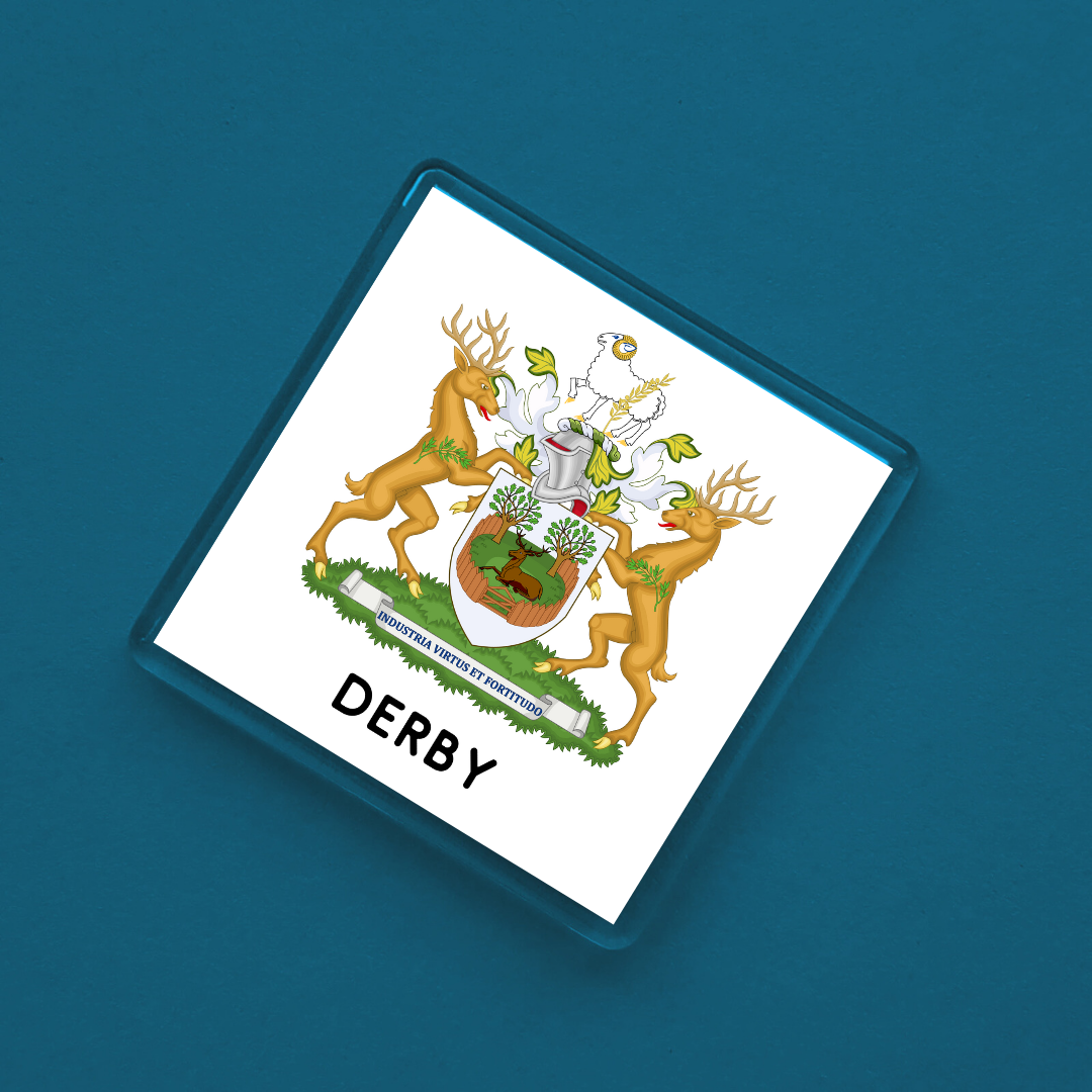 A fridge magnet with the Derby coat of arms