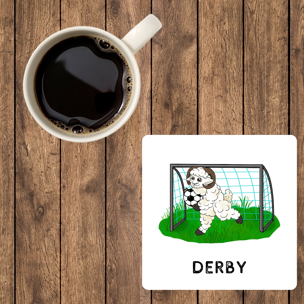 A 9x9cm coaster with a footballing Derby Ram