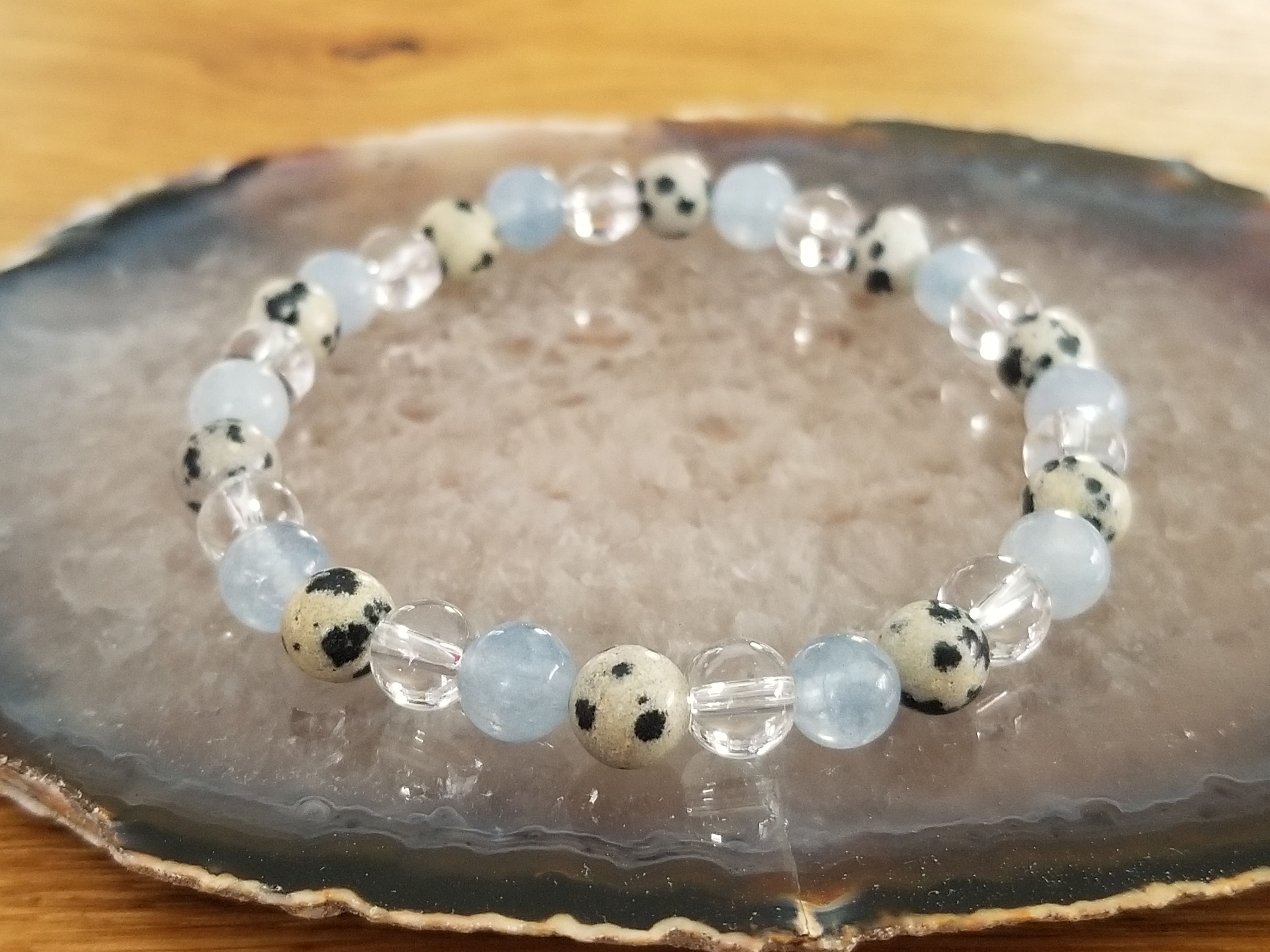 Bracelet Femme en Jaspe Dalmatien, Aigue Marine et Cristal de Roche