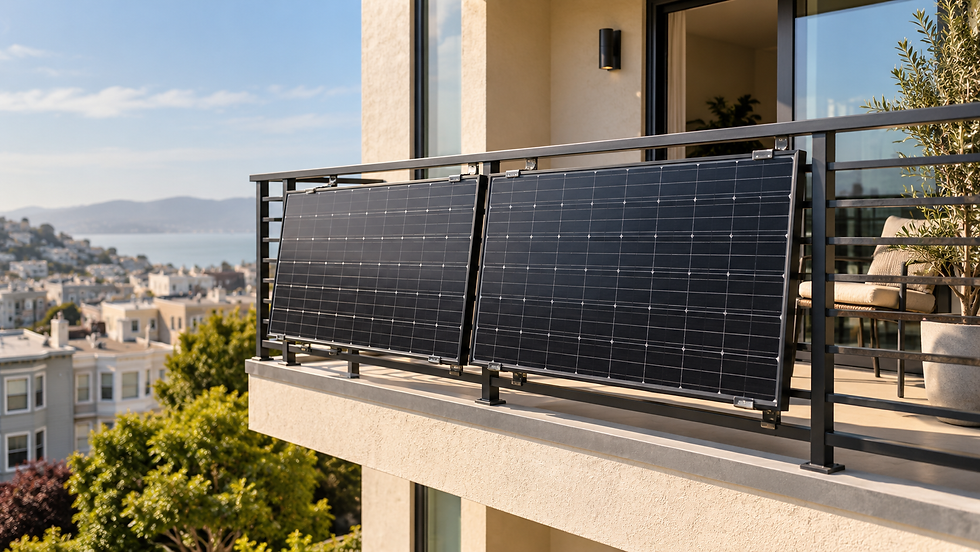Two solar panels mounted on a sunny residential balcony overlooking the Bay Area.