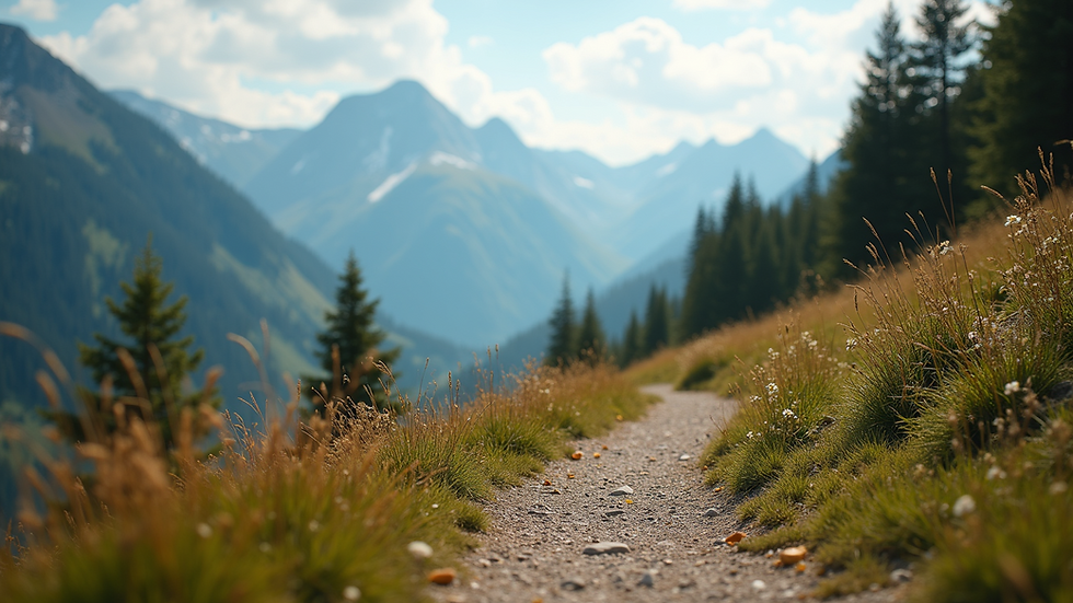 Close-up view of a scenic hiking trail with mountain views