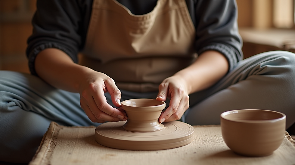 Close-up view of a traveler participating in a traditional pottery workshop