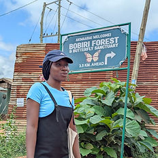 Woman standing infront of Bobri Butterfly Sanctuary Sign post