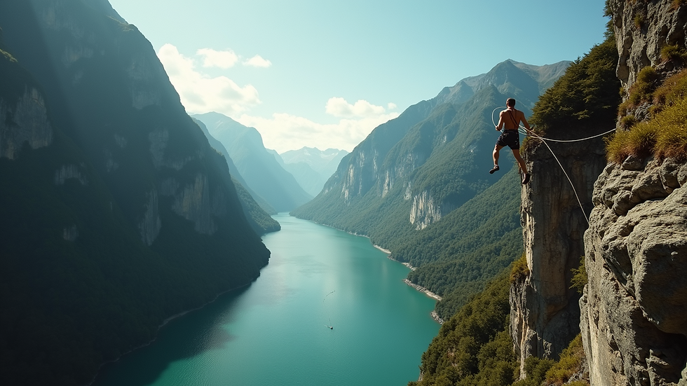 Eye-level view of a person bungee jumping off a cliff in New Zealand