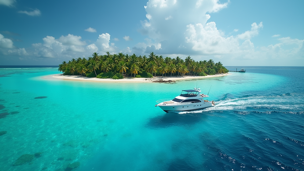 High angle view of a boat excursion on clear blue waters near a tropical island