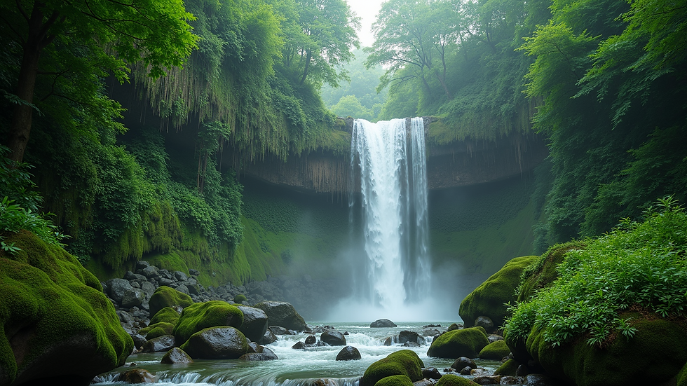 Wide angle view of Wli Waterfalls surrounded by lush green forest