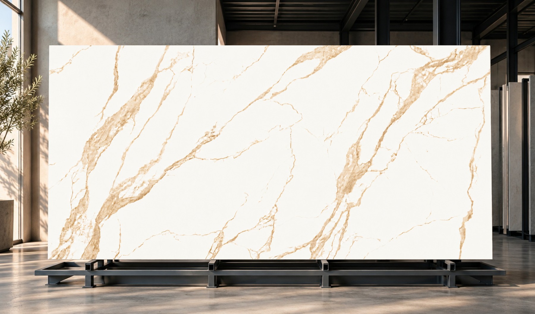 GOLDEN CALACATTA: placa de piedra sinterizada presentada en un ambiente.