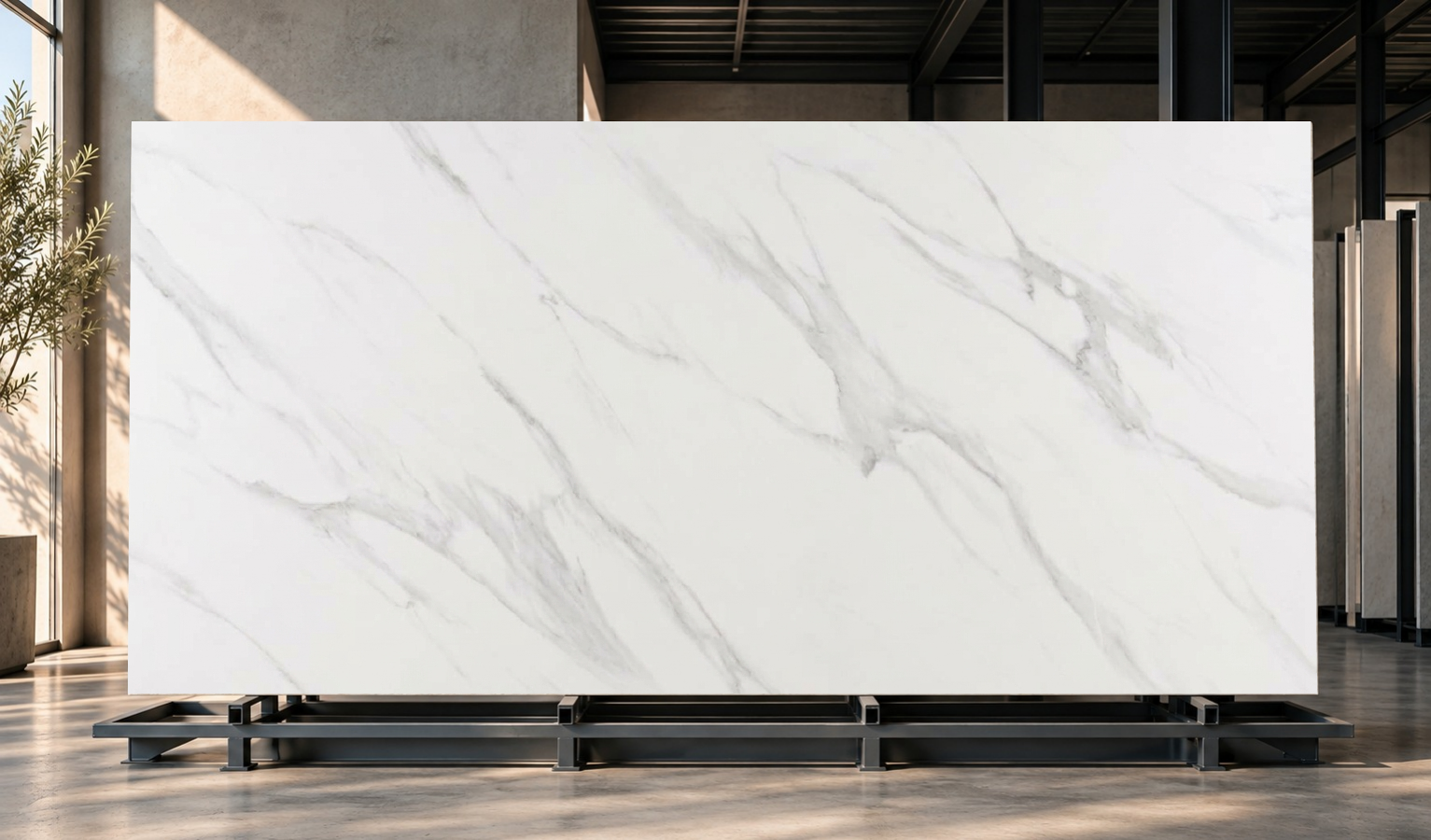 CARRARA WHITE: placa de piedra sinterizada presentada en un ambiente.