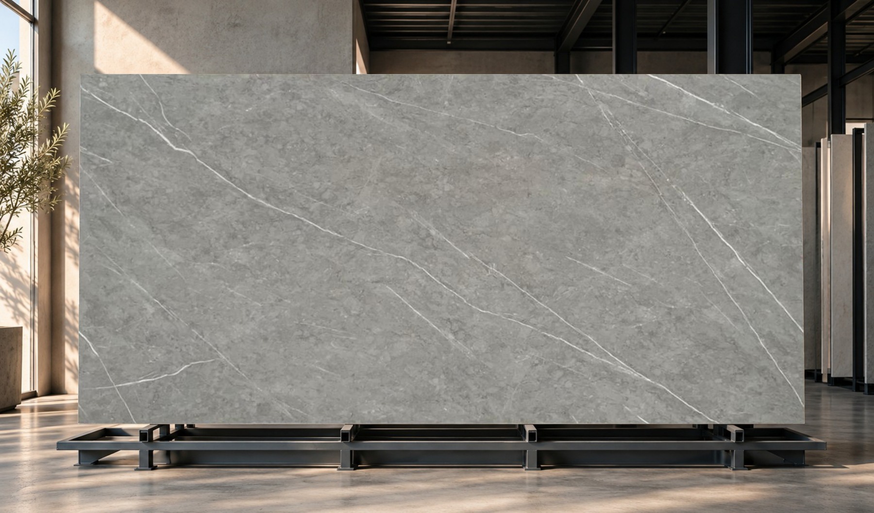 ARMANI LIGHT GREY: placa de piedra sinterizada presentada en un ambiente.