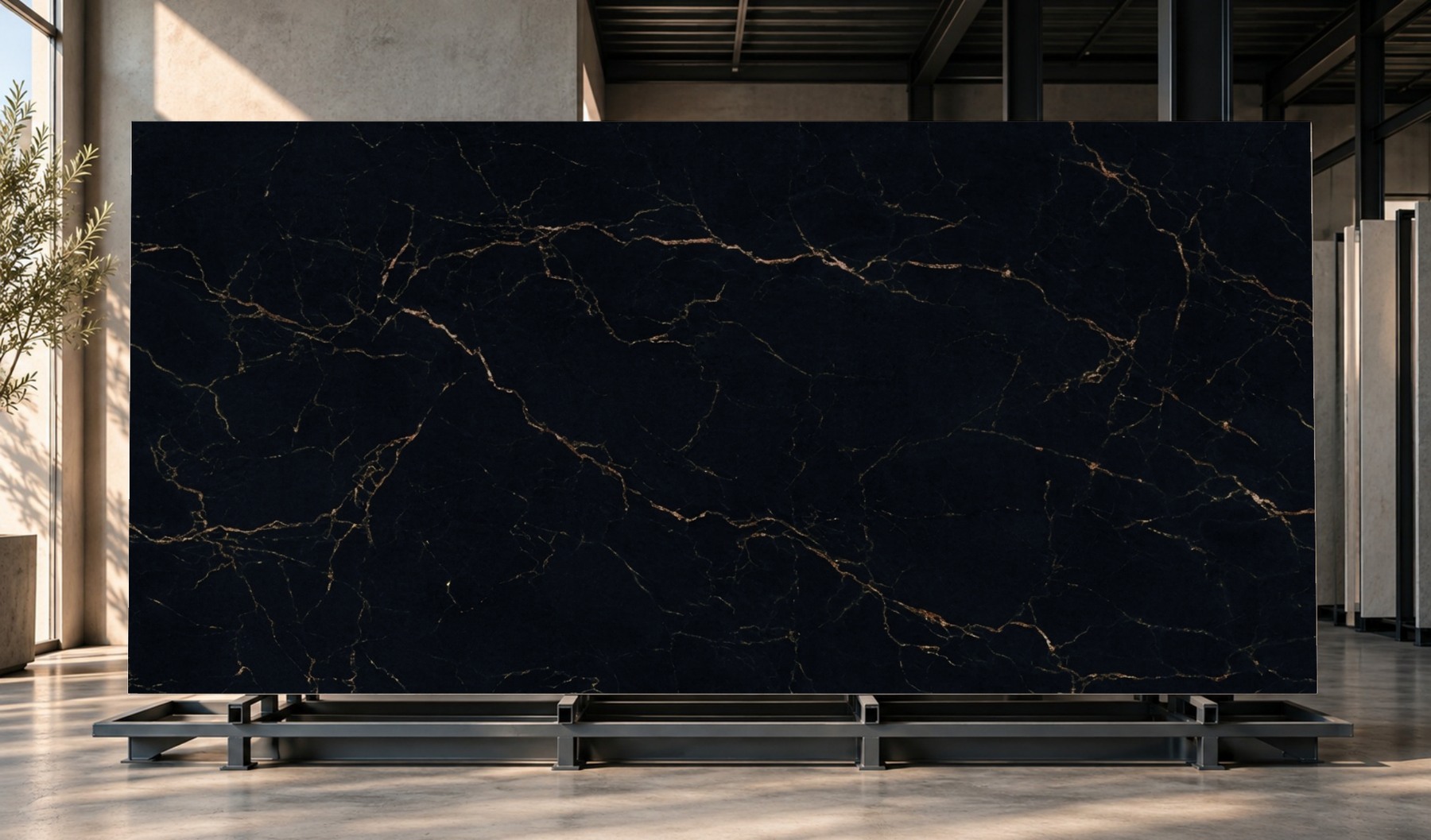 MARQUINA GOLD: placa de piedra sinterizada presentada en un ambiente.