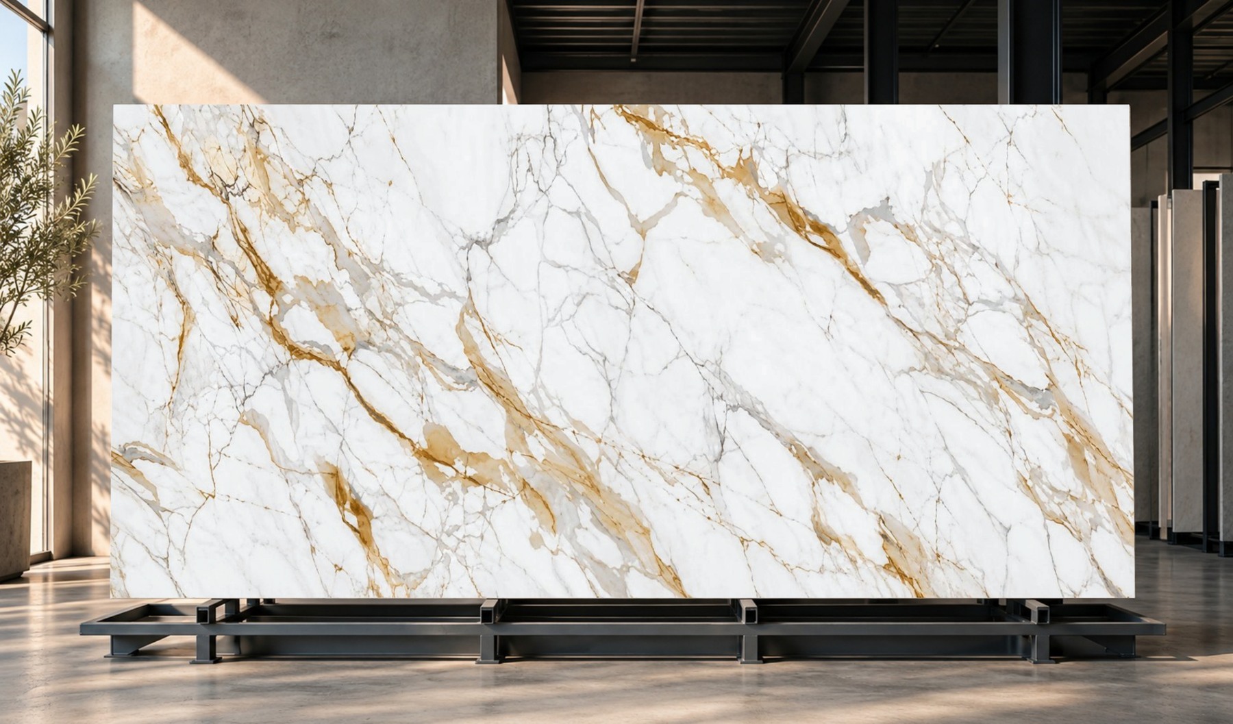 CALACATTA GOLD: placa de piedra sinterizada presentada en un ambiente.