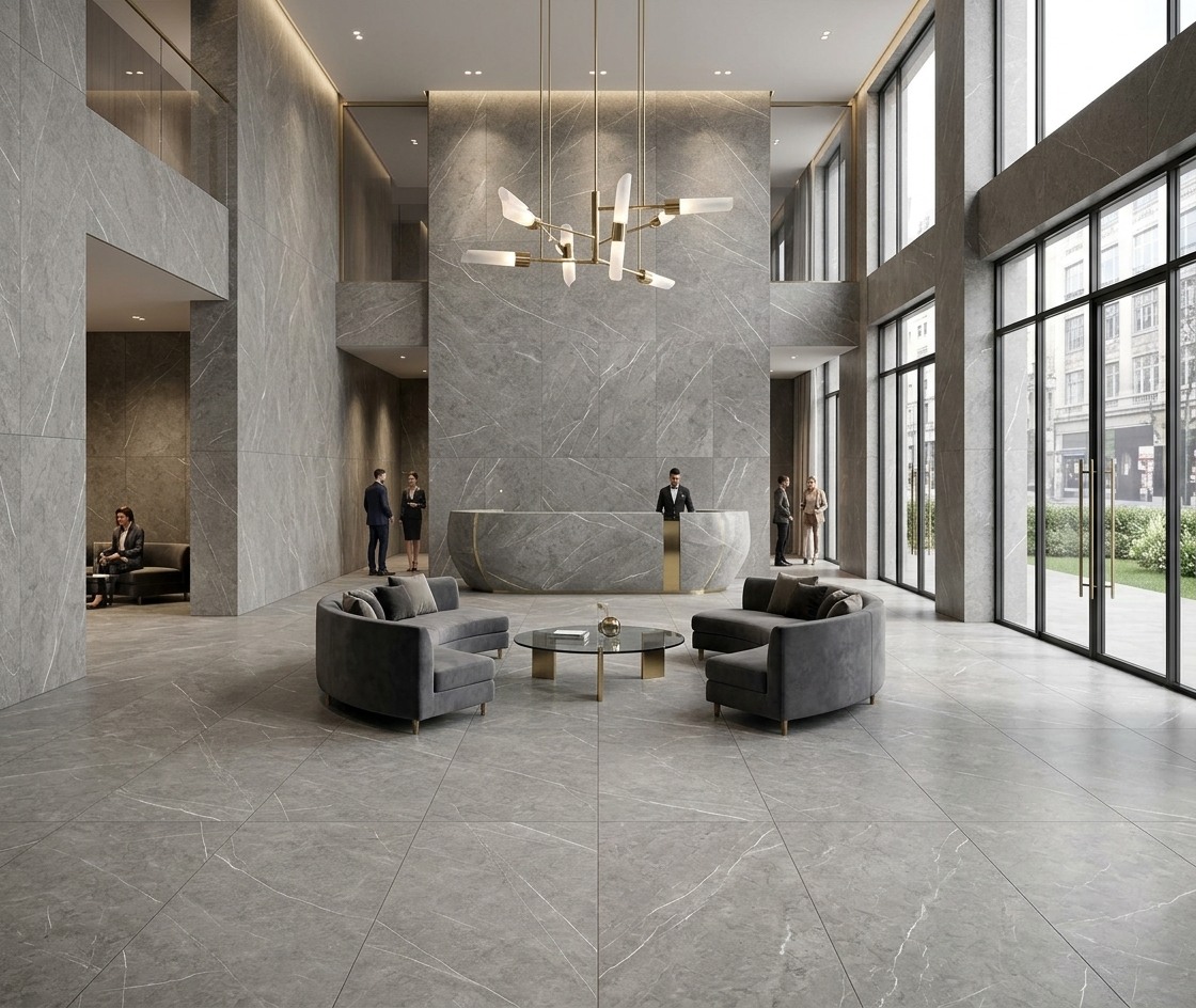 ARMANI LIGHT GREY: vestíbulo con pisos y revestimiento de muro. Inspiración del catálogo.