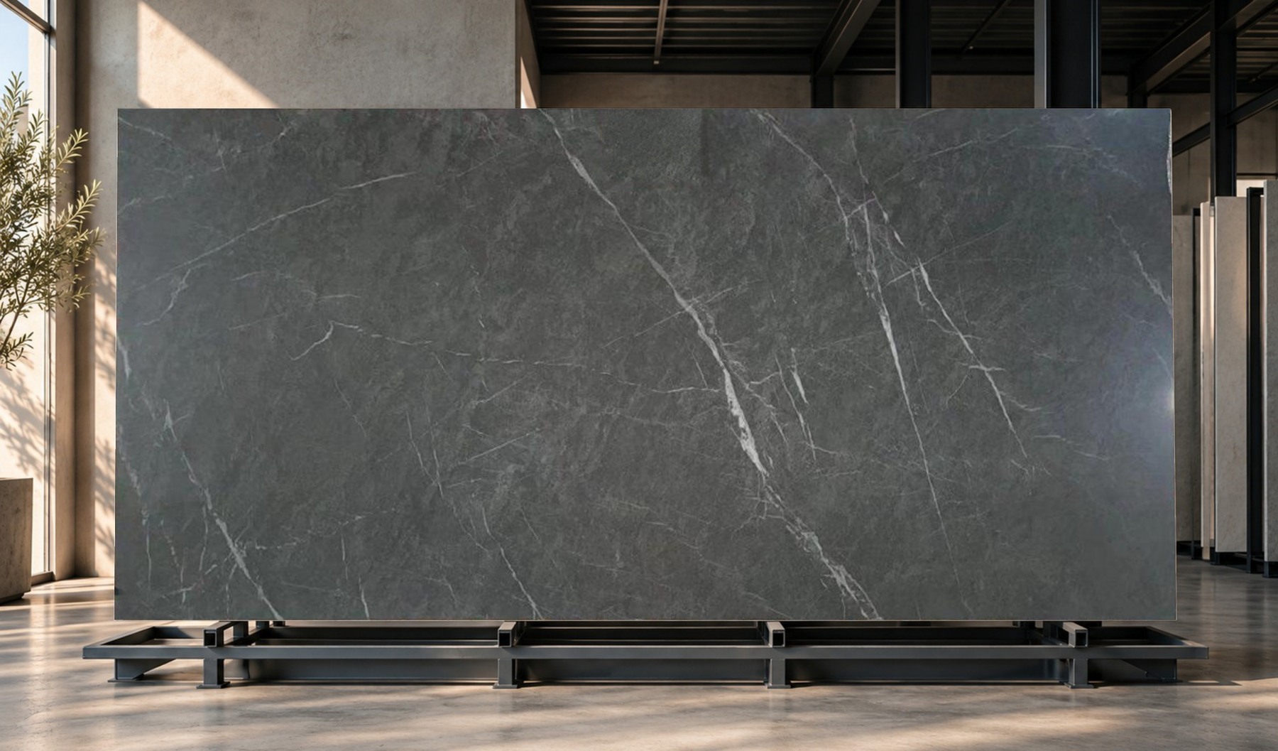 PIETRA GREY: placa de piedra sinterizada presentada en un ambiente.